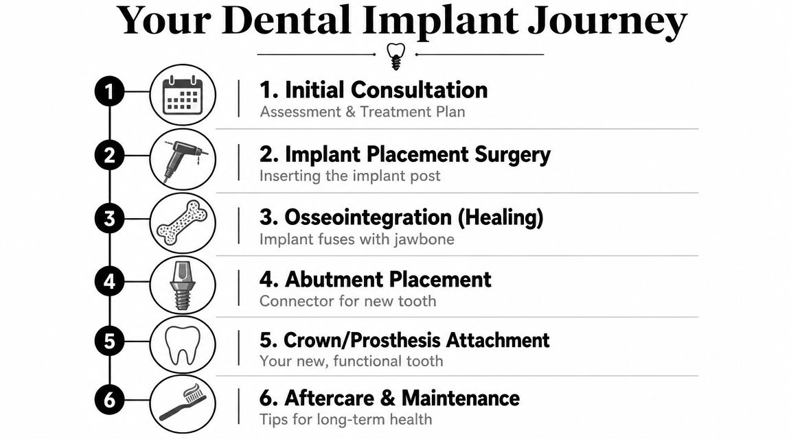 An infographic showing the six steps of the dental implant journey from consultation to maintenance.