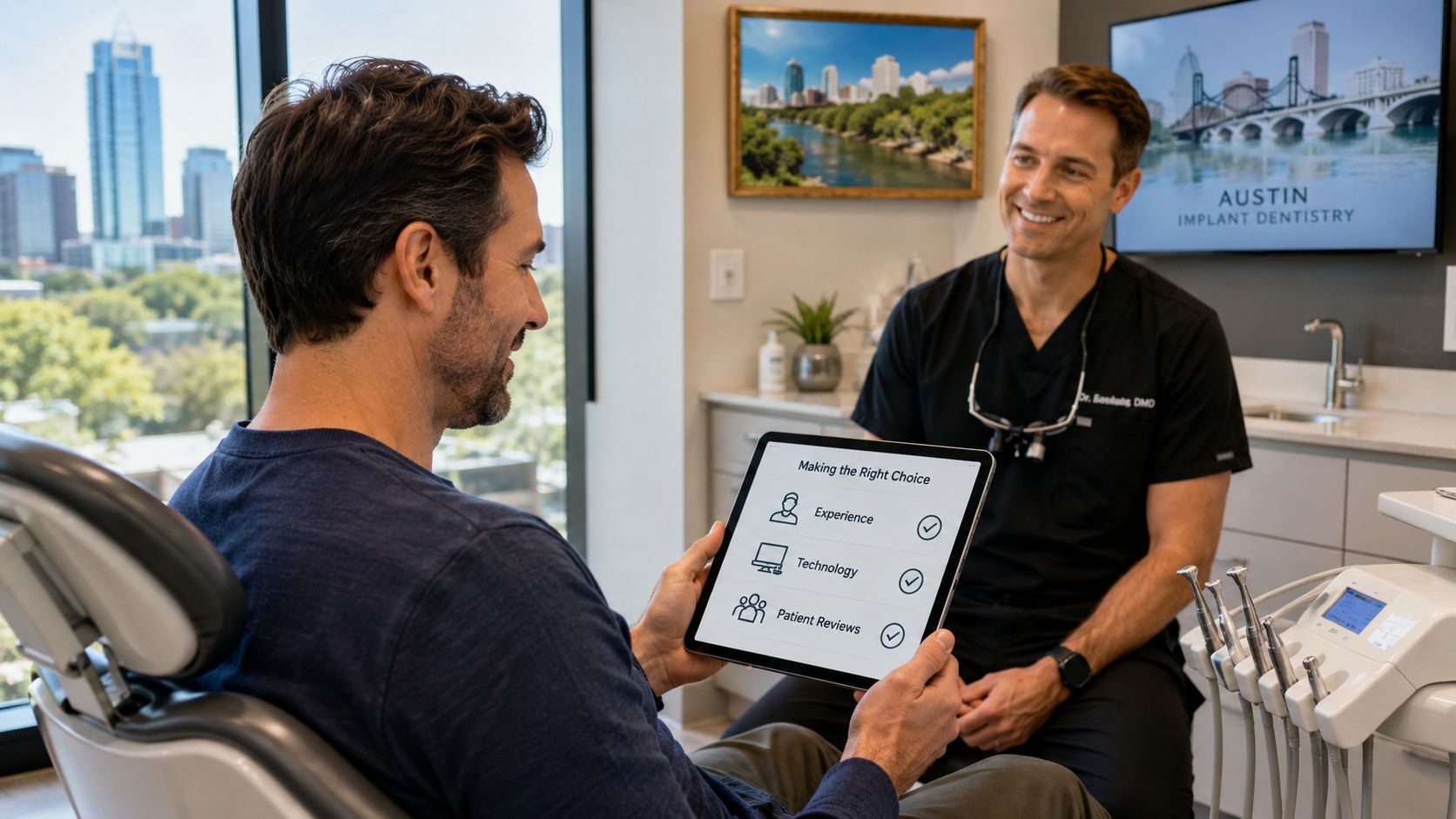 A male patient reviews affordable dental implant options on a digital tablet with his smiling dentist in Austin.