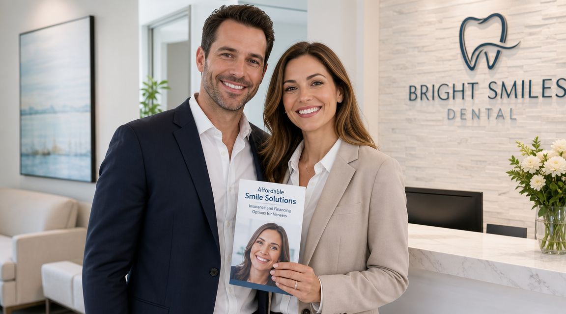 A professional couple stands in a modern dental office lobby holding a brochure about dental veneer financing.
