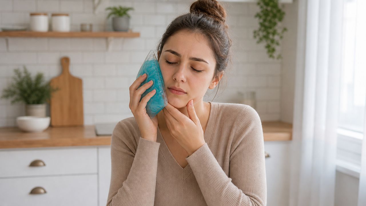 A woman holding a cold gel pack against her cheek, looking like she has a dental emergency.