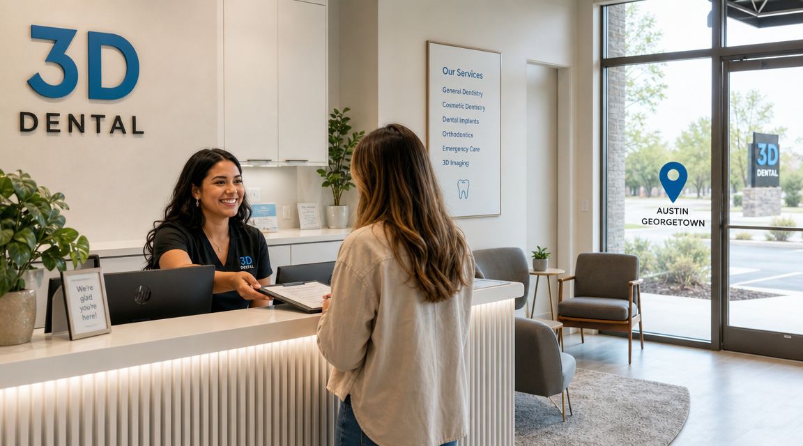 A friendly dental receptionist greeting a patient at the front desk of a modern 3D Dental office.