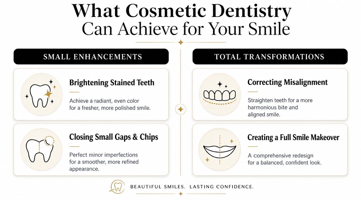 A visual guide explaining how cosmetic dentistry can improve smiles through small enhancements and total transformations.
