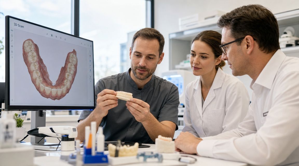 A dental technician and two colleagues examine a 3D digital model and a physical dental prosthetic model.