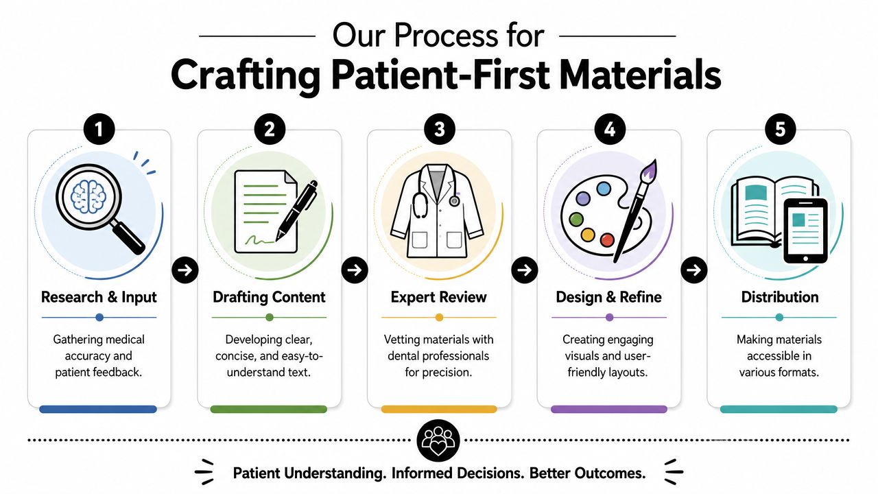 A five-step infographic showing the professional process for creating clear and accurate dental patient education materials.