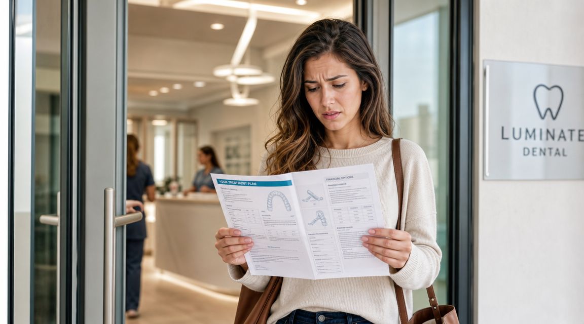 A concerned young woman reviews dental treatment plan documents while standing outside a dental clinic entrance.