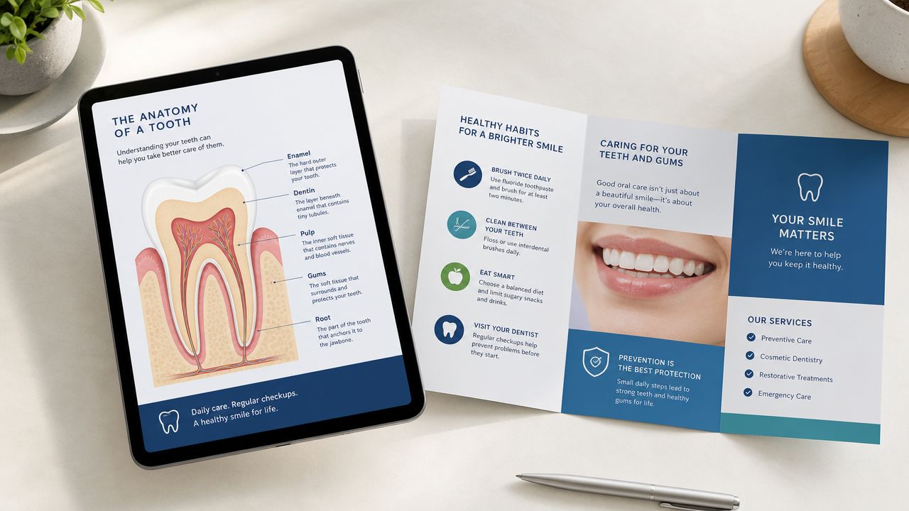 A tablet and a brochure displaying dental anatomy and oral health education tips on a white table.