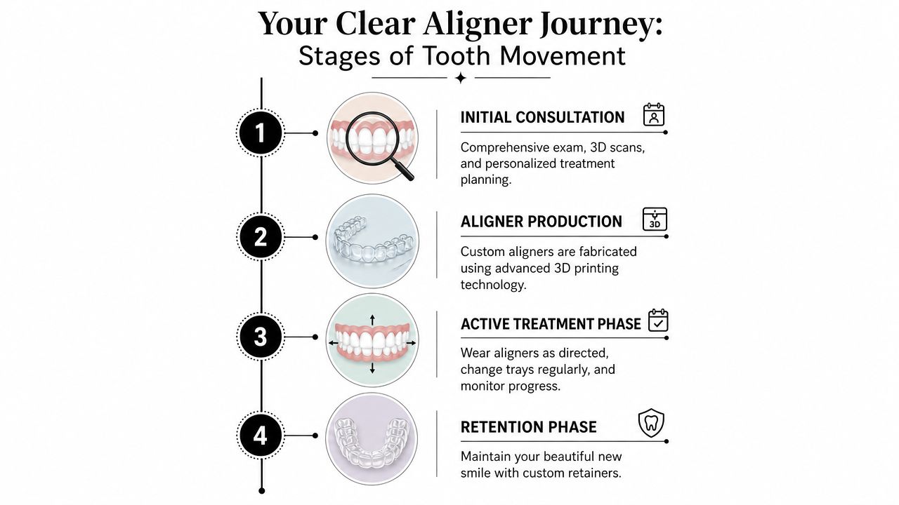 An infographic detailing the four stages of the clear aligner journey from consultation to final retention.