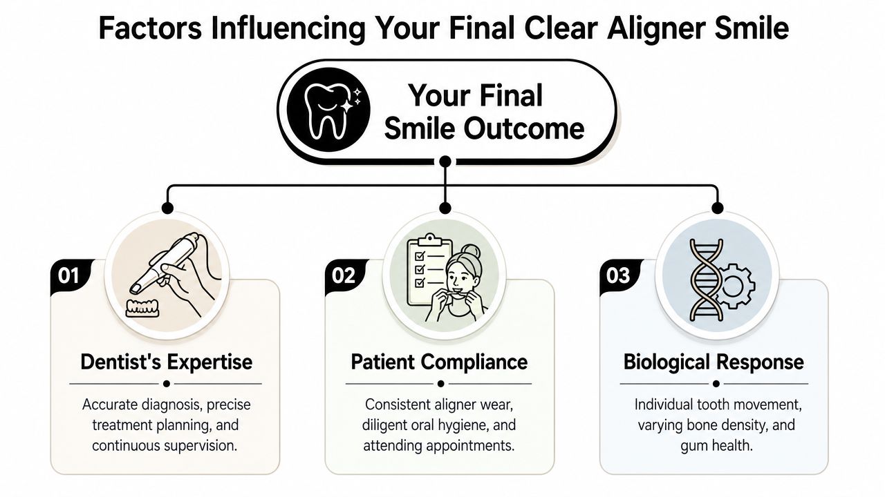 A diagram outlining the three main factors influencing the final outcome of clear aligner treatment.