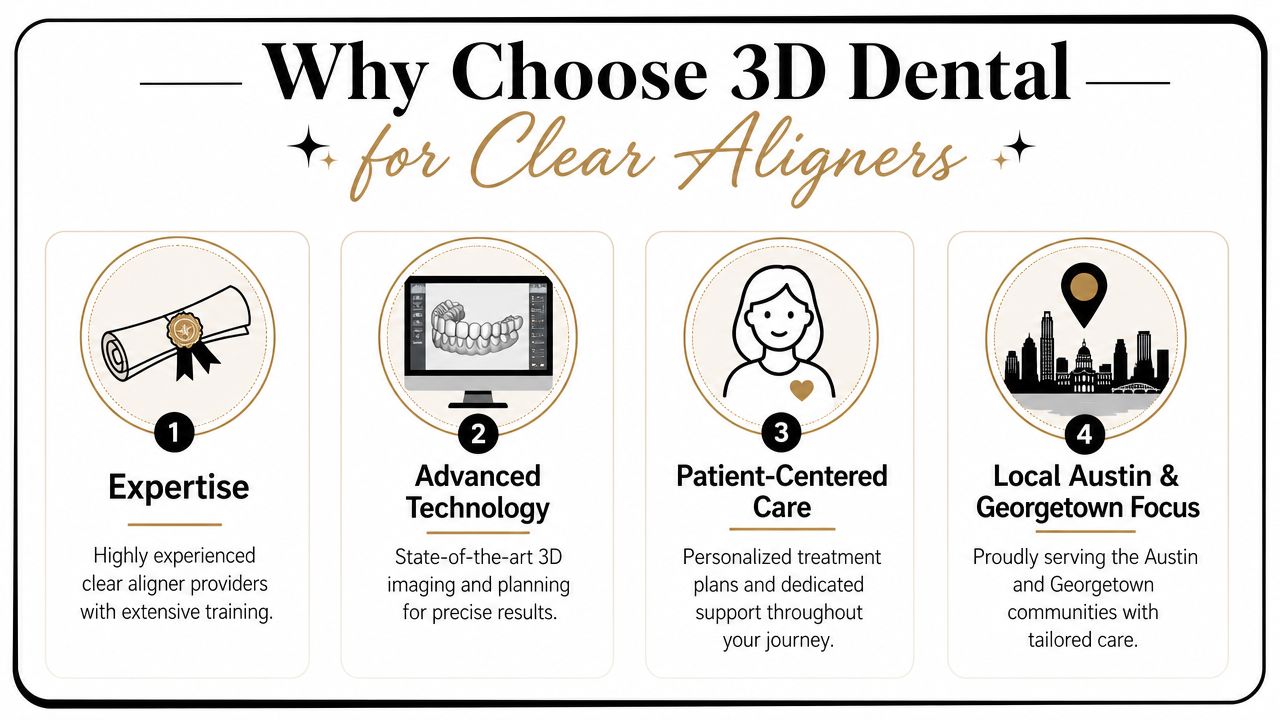 An infographic detailing four key reasons to choose 3D Dental for professional clear aligner orthodontic treatment.