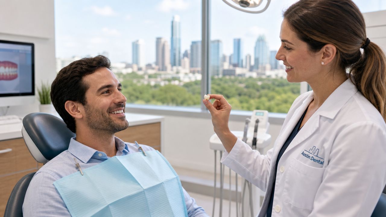 A dentist shows a 3D printed dental crown to a smiling male patient in an office.