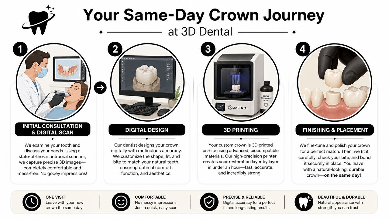 A four-step infographic illustrating the 3D printed same-day dental crown process from scan to final placement.