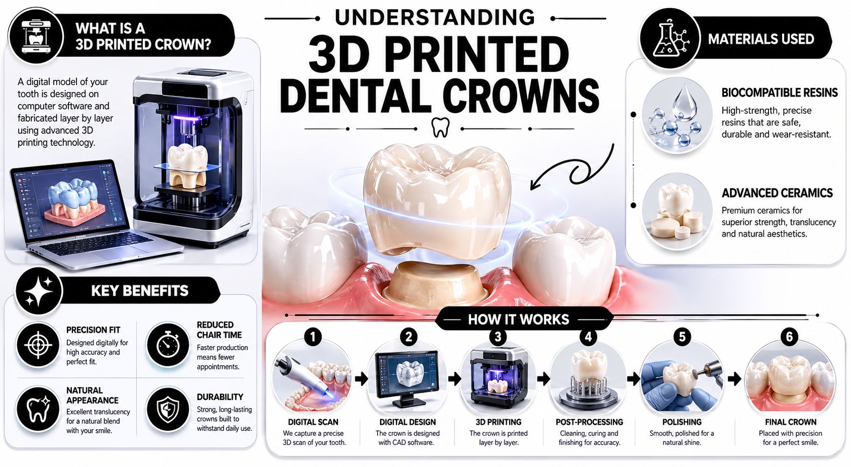 An educational infographic explaining the process, benefits, and materials used for creating 3D printed dental crowns.