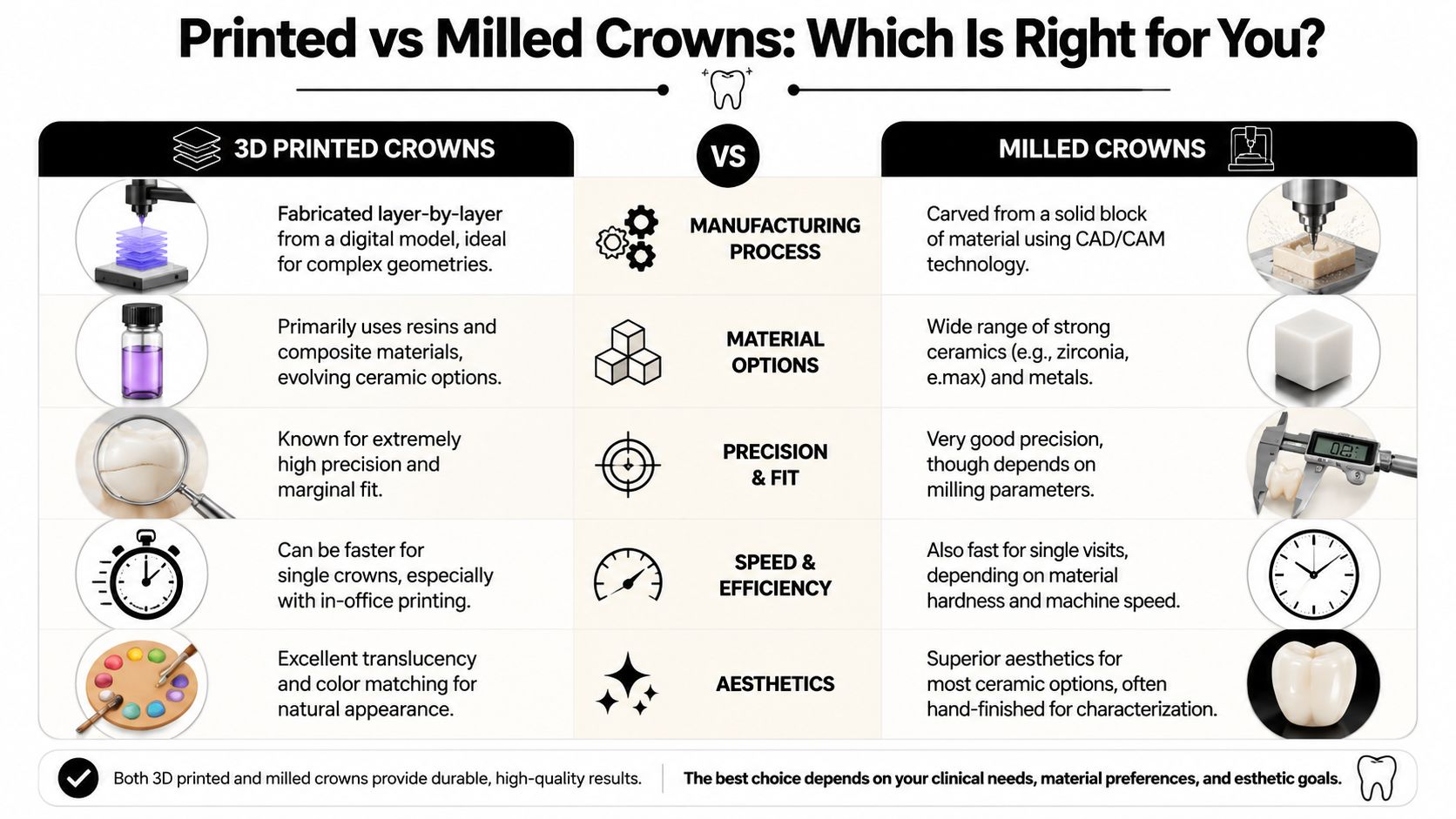 A comparison infographic detailing the differences between 3D printed crowns and milled dental crowns for dentistry.