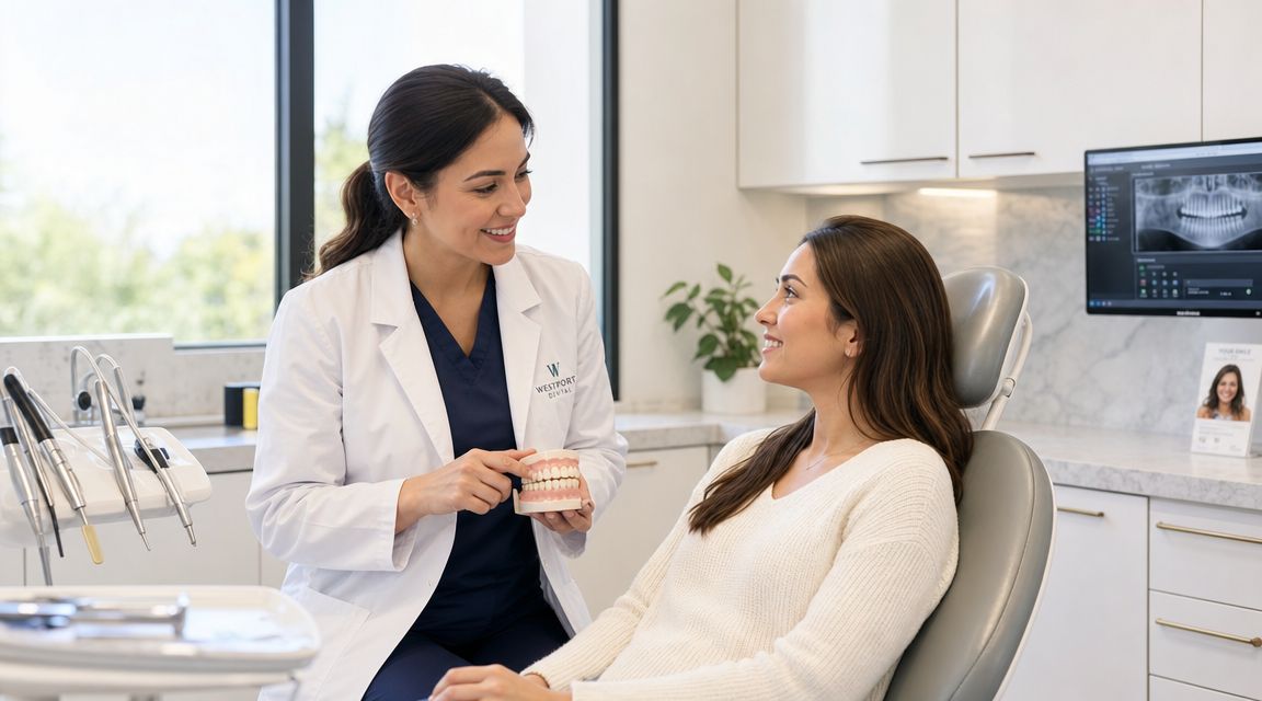 A friendly female dentist explaining dental treatment options to a patient using a model of teeth.