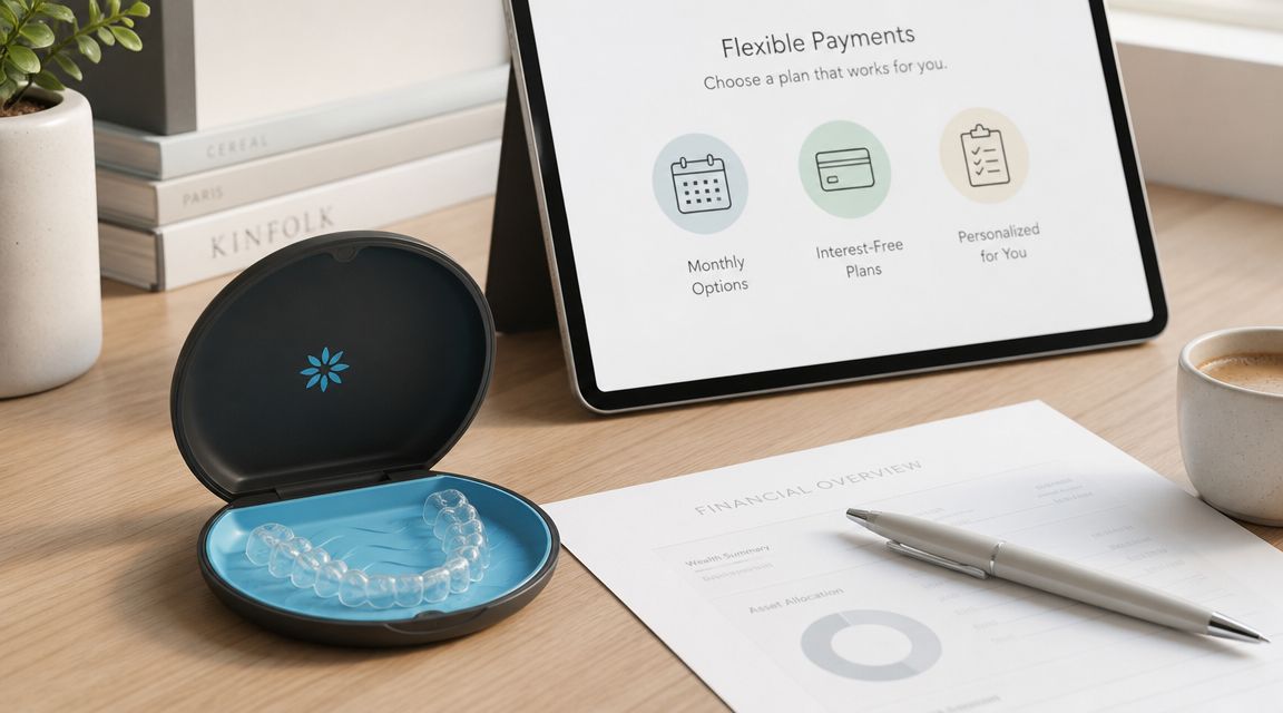 Clear aligners in a travel case next to a tablet showing flexible payment options and financial documents.