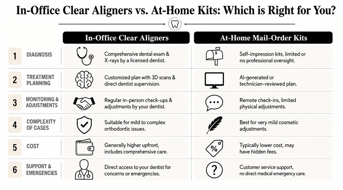 A comparison chart outlining the differences between professional in-office clear aligners and at-home mail-order aligner kits.
