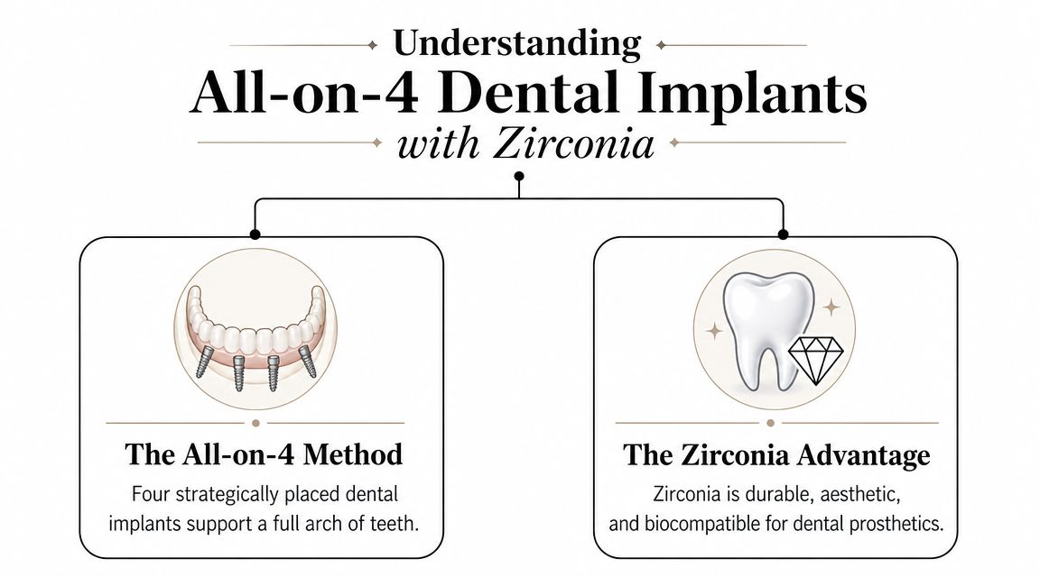 A diagram explaining All-on-4 dental implants using zirconia material for full arch prosthetic teeth replacement.