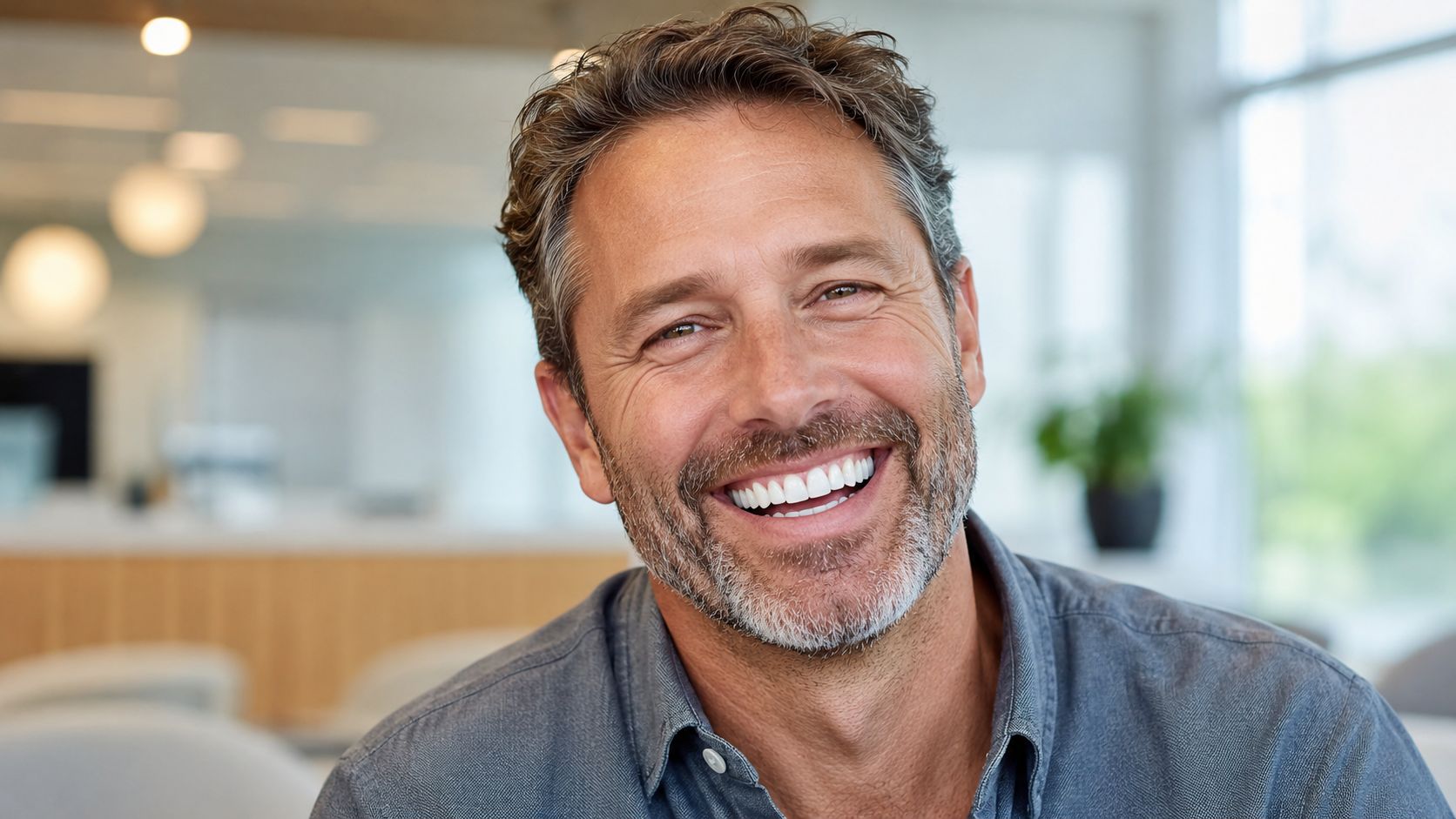 A happy middle-aged man with a bright, healthy smile looking confidently at the camera in an office.