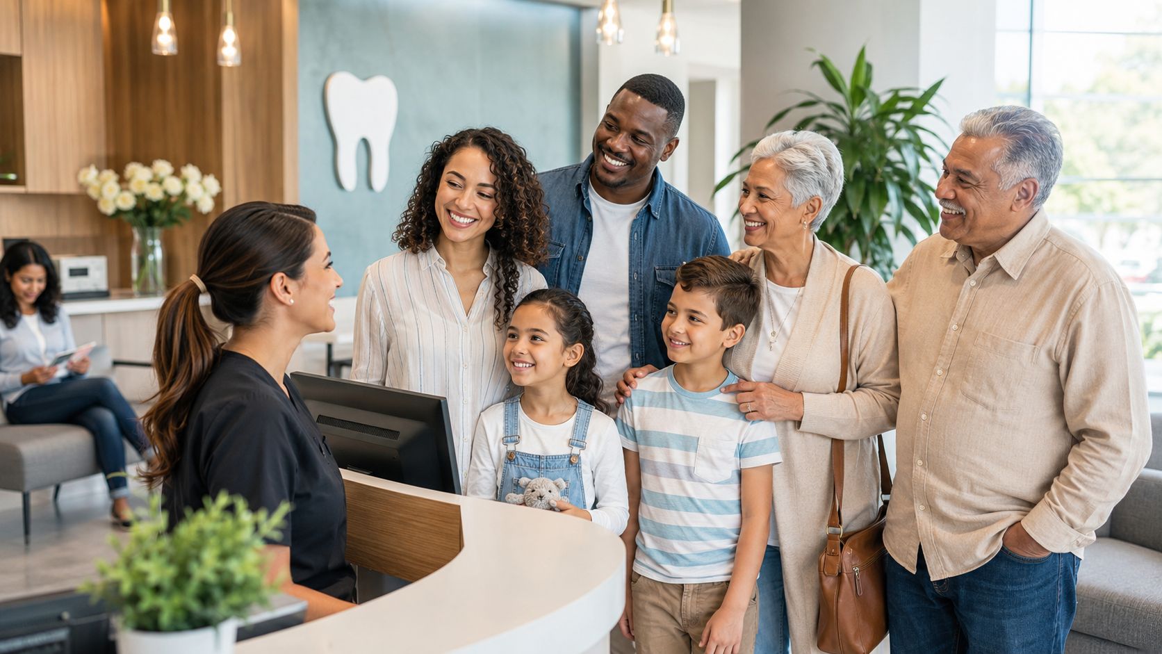 A friendly receptionist assists a smiling family at the reception desk in a modern dental office.