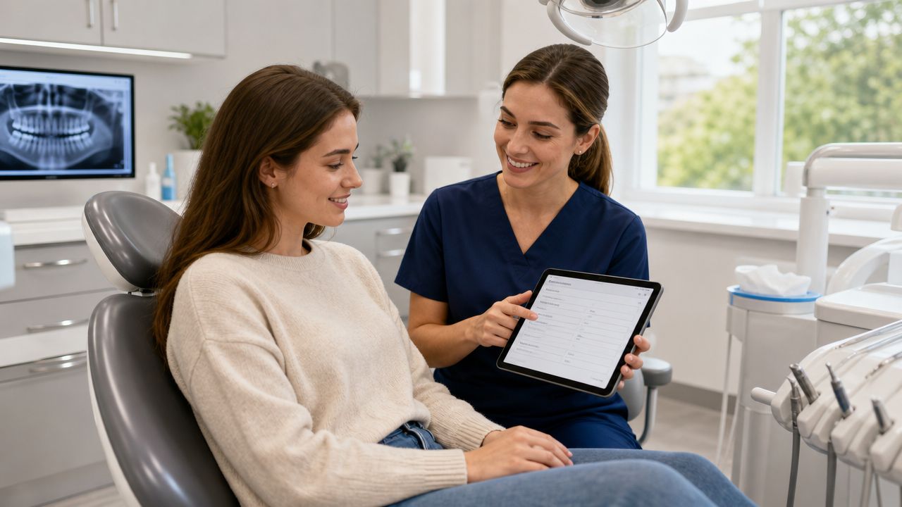A friendly dentist shows a digital form on a tablet to a patient in a dental office.