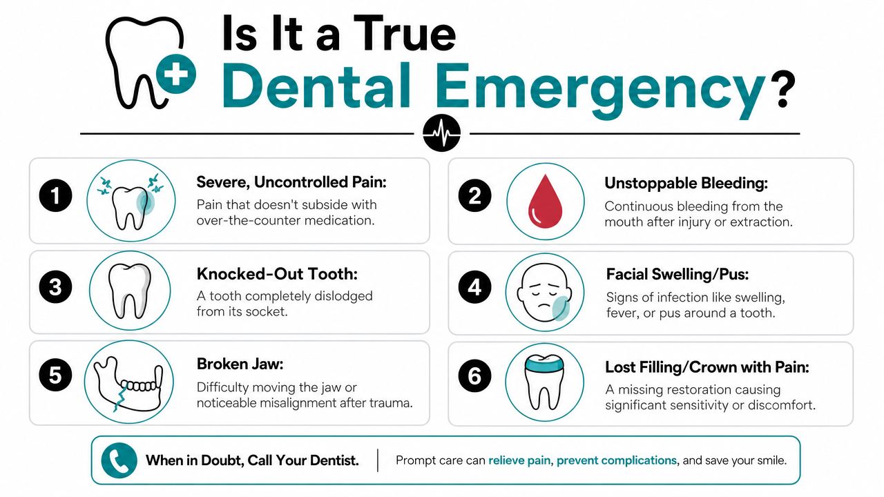 A visual guide listing six signs of a dental emergency, including severe pain and facial swelling.