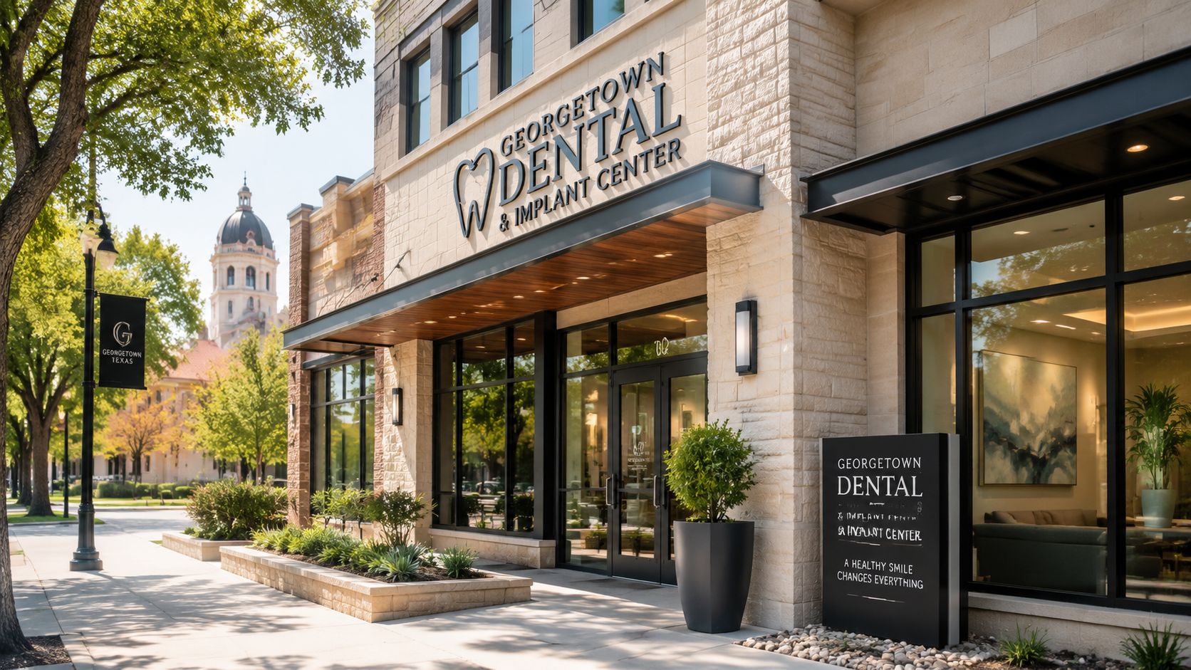 A modern Georgetown Dental and Implant Center building facade with an inviting entrance on a sunny day.