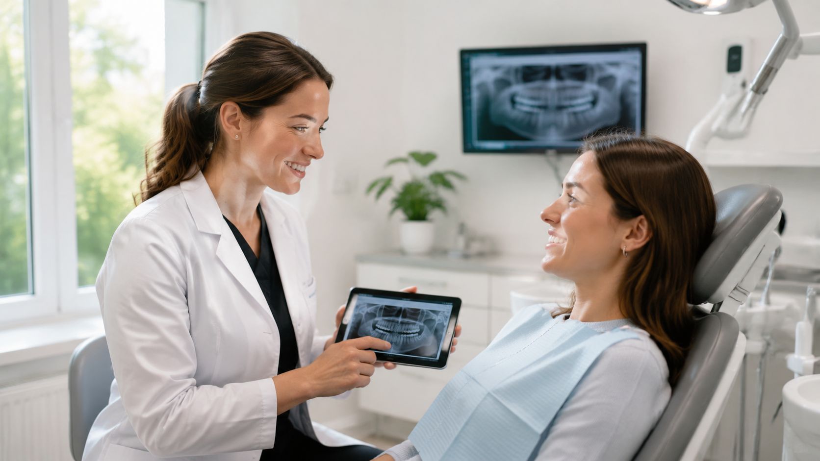 A smiling dentist showing a digital dental X-ray on a tablet to a patient in a clinic.