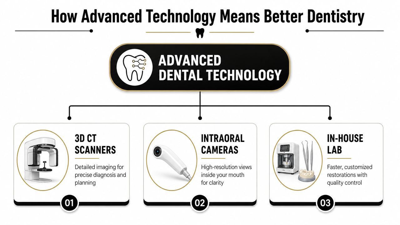 An infographic detailing how 3D CT scanners, intraoral cameras, and in-house labs improve modern dental treatment quality.