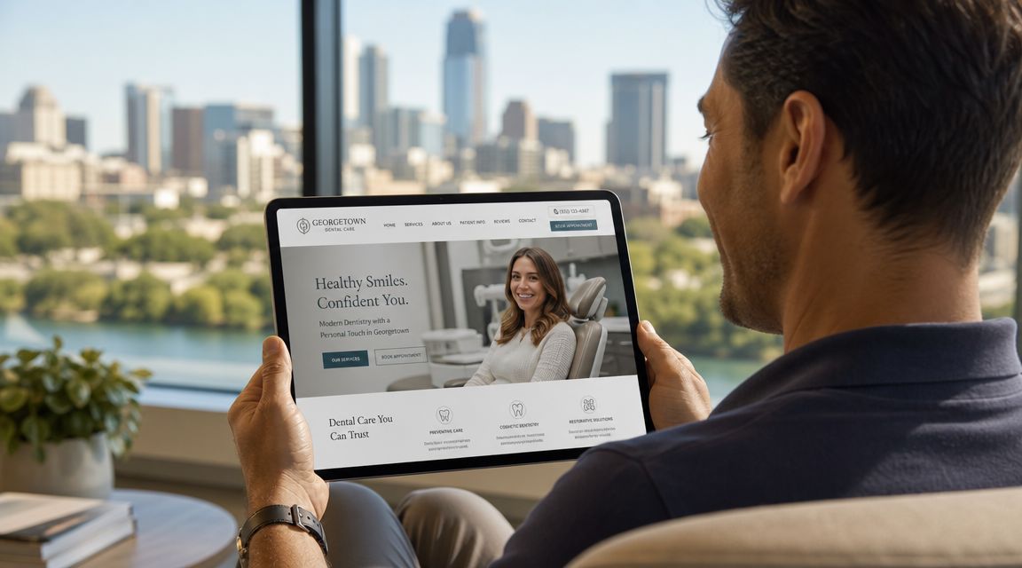 A man sitting by a large window overlooking a city skyline, holding a tablet displaying a dental website.