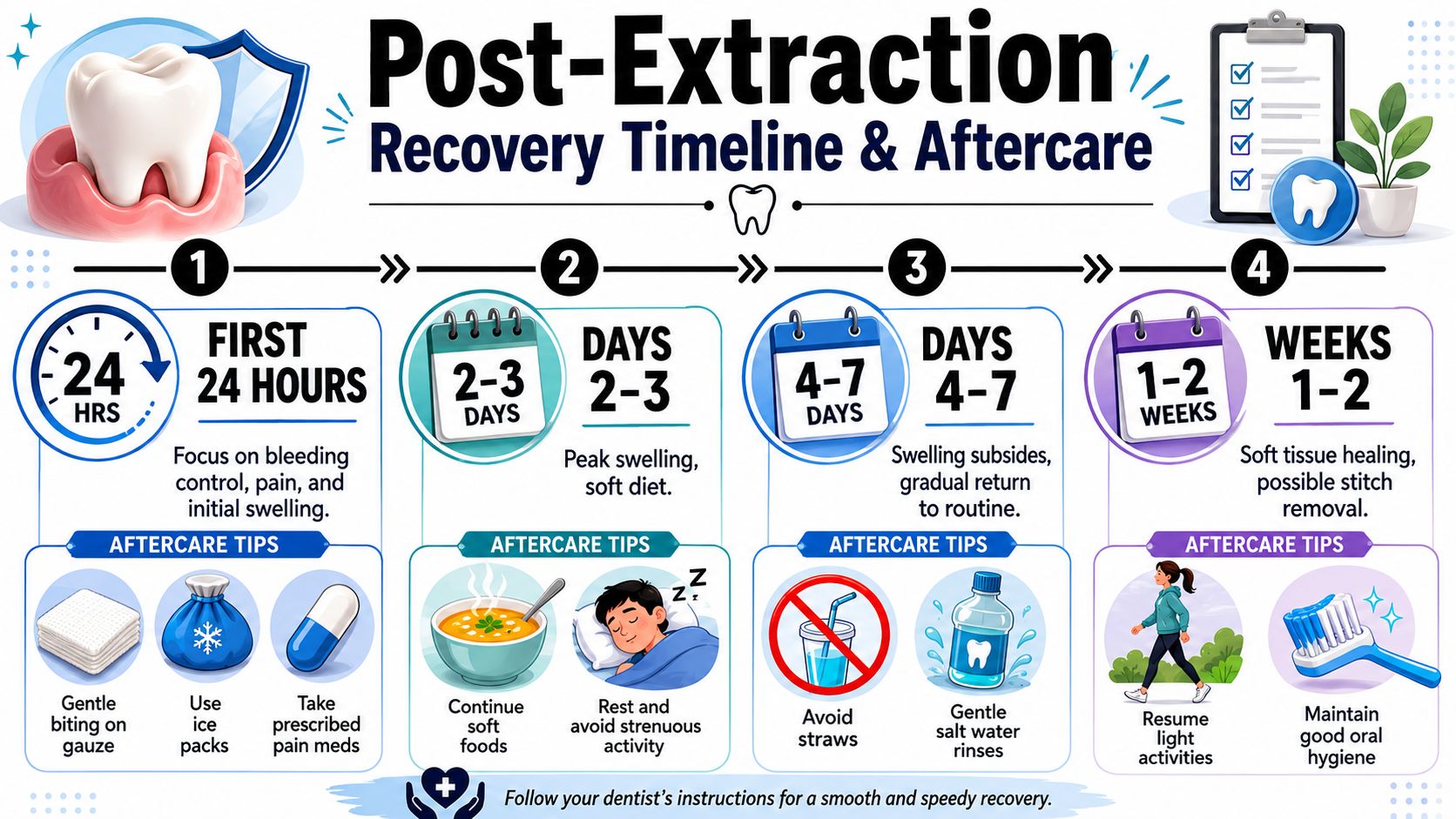 A comprehensive recovery timeline infographic for post-extraction dental care, detailing phases from the first day to weeks.