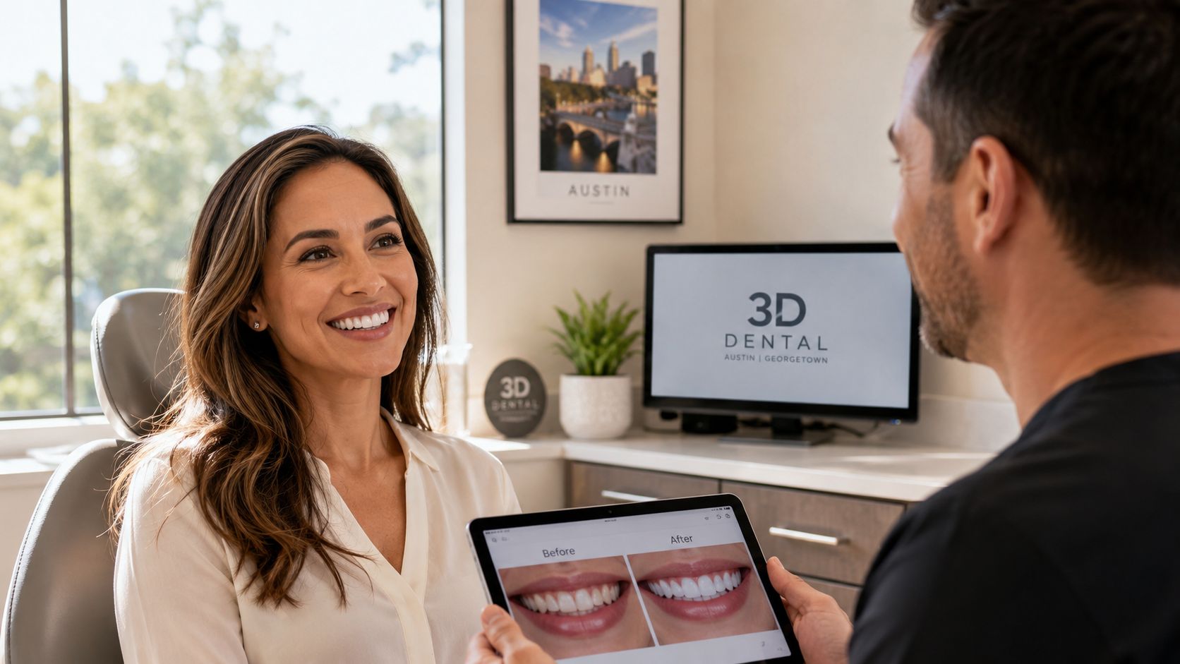 A dentist shows a patient a digital tablet with before and after images of dental implant results.