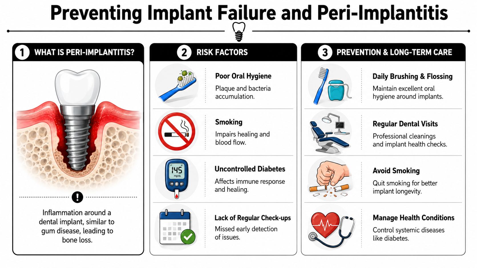 An infographic showing risk factors for peri-implantitis and tips for preventing dental implant failure.