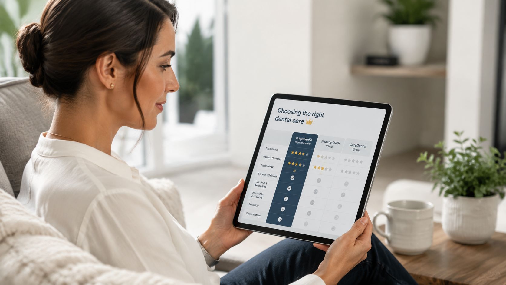 A woman sits on a sofa reviewing a dental care comparison chart on her digital tablet.