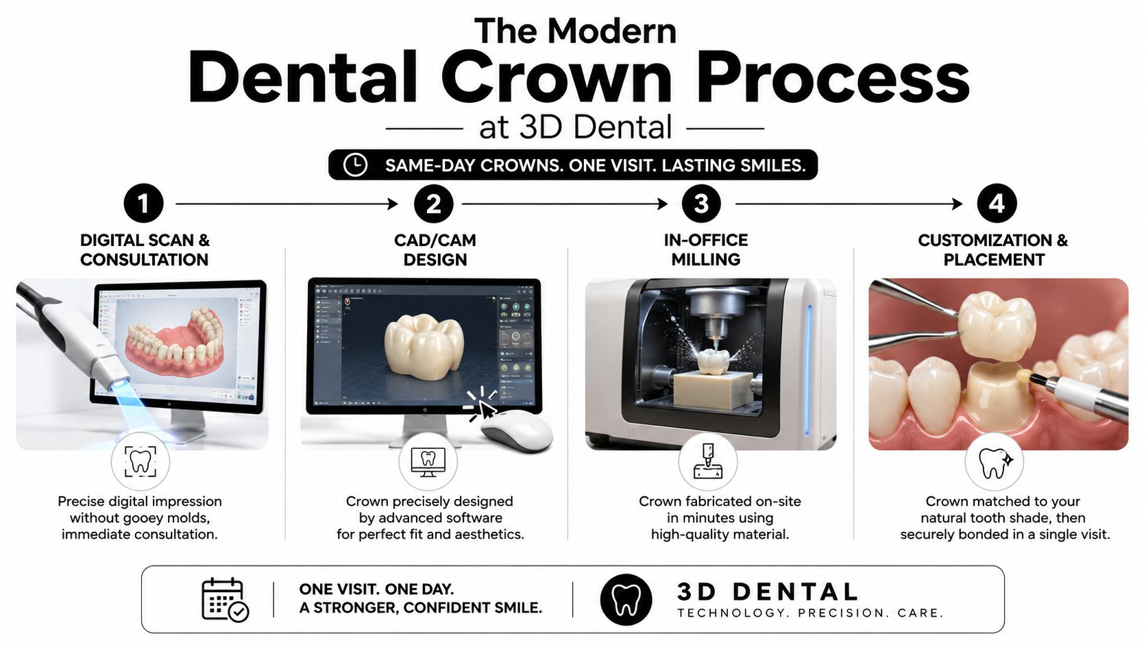 A diagram outlining the four-step modern same-day dental crown process provided at 3D Dental offices.