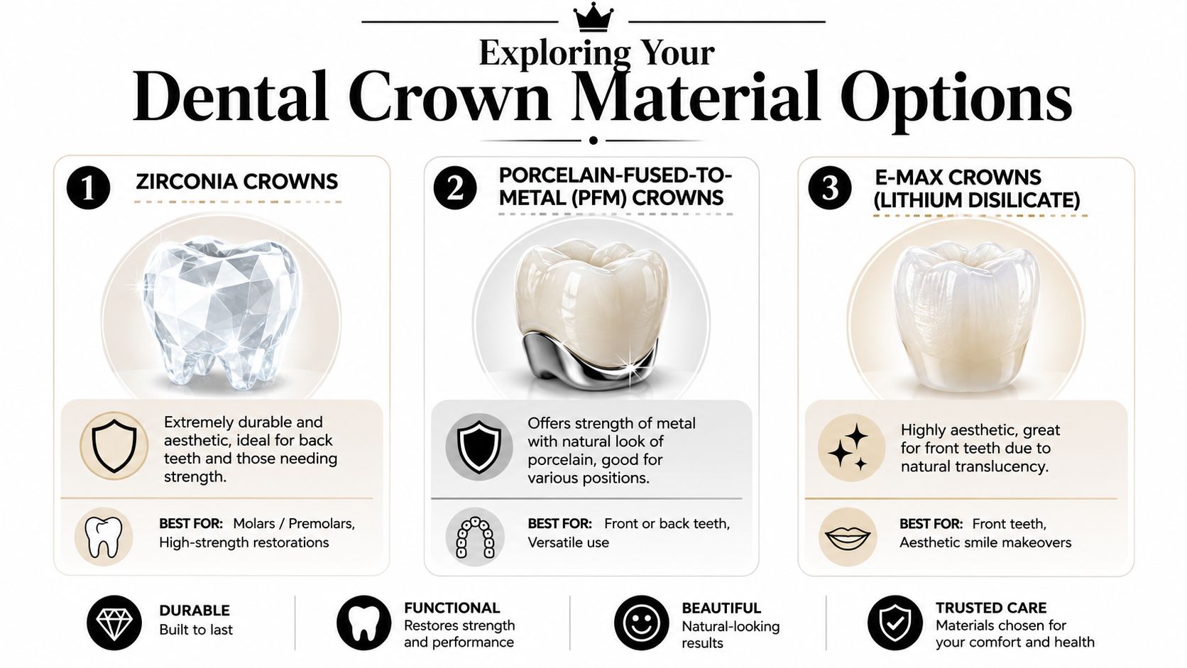 A dental chart illustrating the features, uses, and benefits of zirconia, PFM, and E-max dental crown materials.