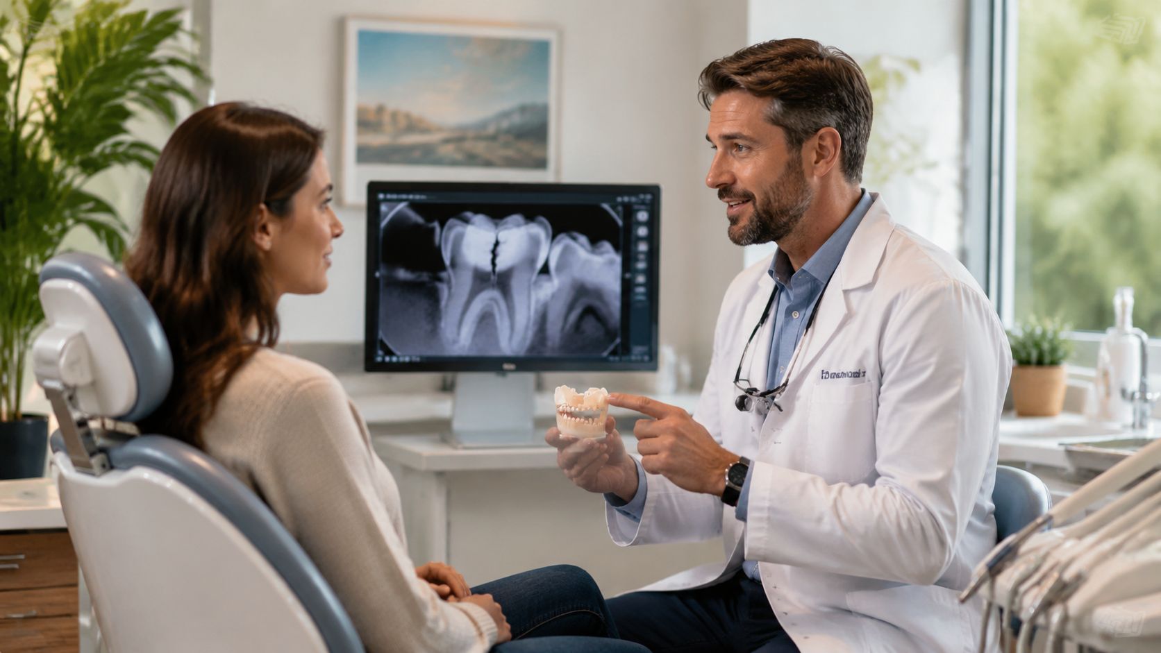 A male dentist explains a dental crown procedure to a female patient using a tooth model.