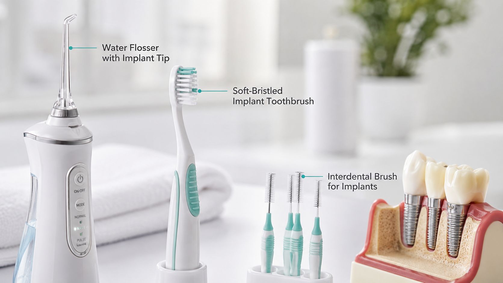 A set of dental hygiene tools including a water flosser, toothbrush, and interdental brushes for cleaning dental implants.