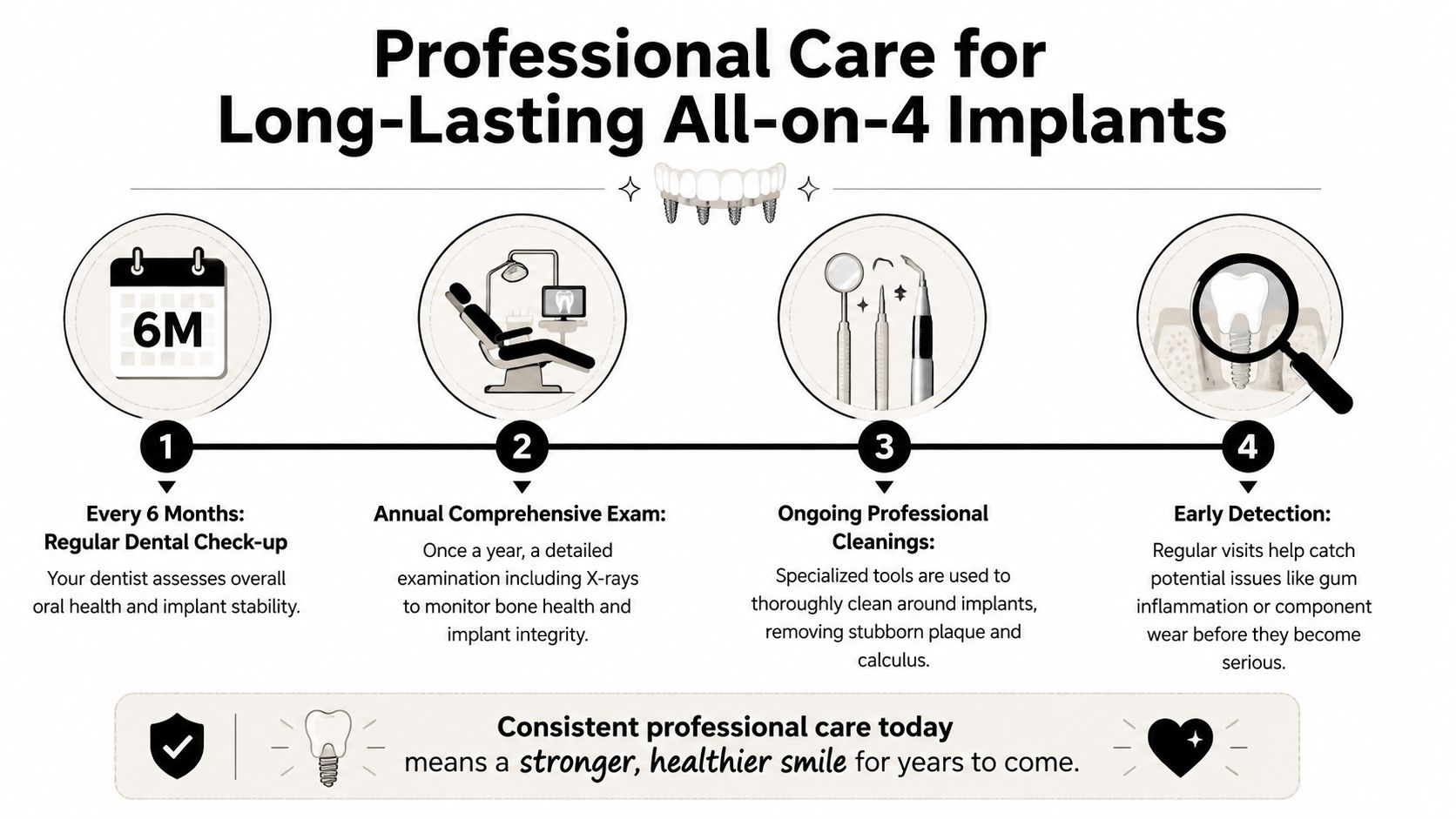A dental infographic detailing four essential steps for maintaining long-lasting All-on-4 dental implants for optimal health.