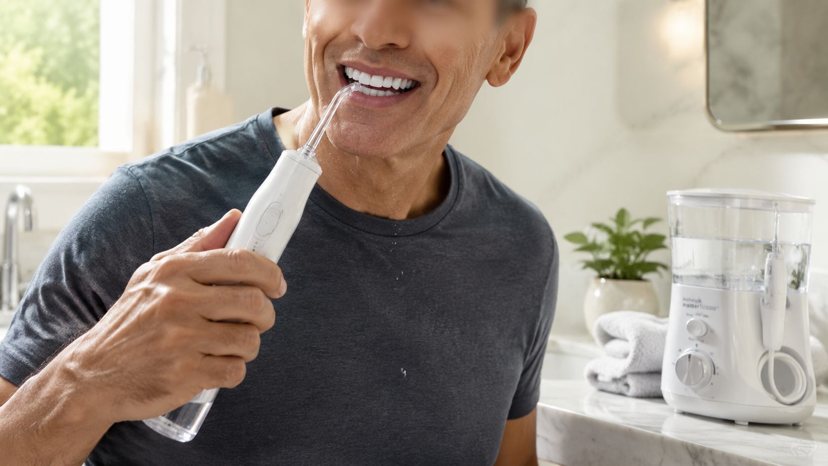 A man using a cordless water flosser to clean his teeth while standing in a bathroom.