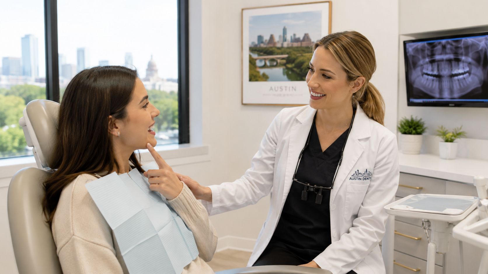 A friendly female dentist consults with her patient in a modern office with a view of Austin.