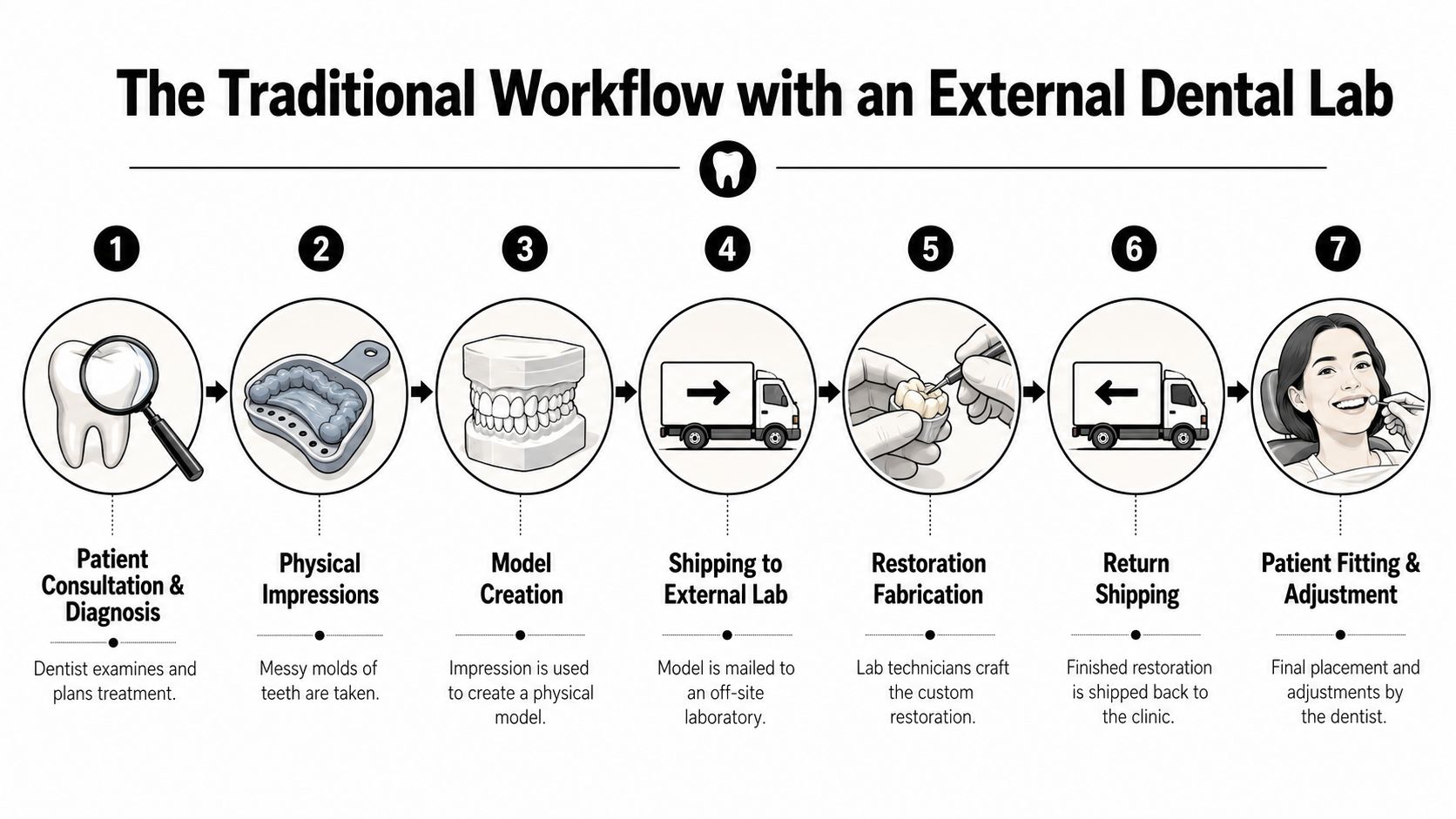 A diagram outlining the seven steps of the traditional dental workflow involving an external dental laboratory.