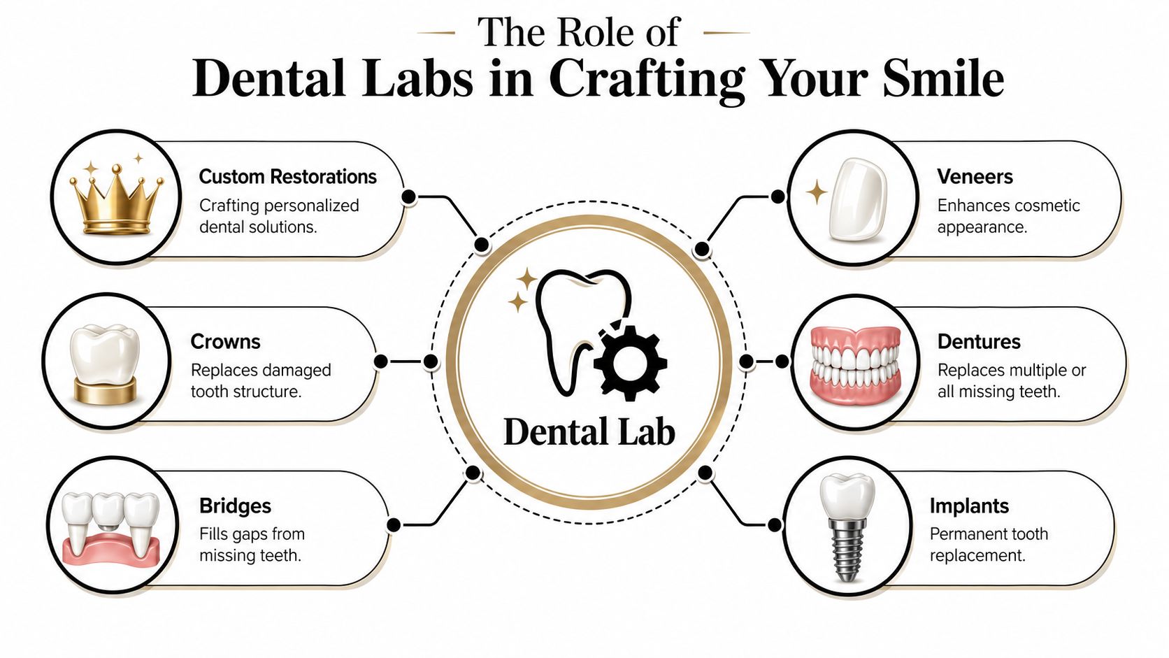 An infographic detailing the role of dental laboratories in crafting various custom dental restorations and prosthetics.