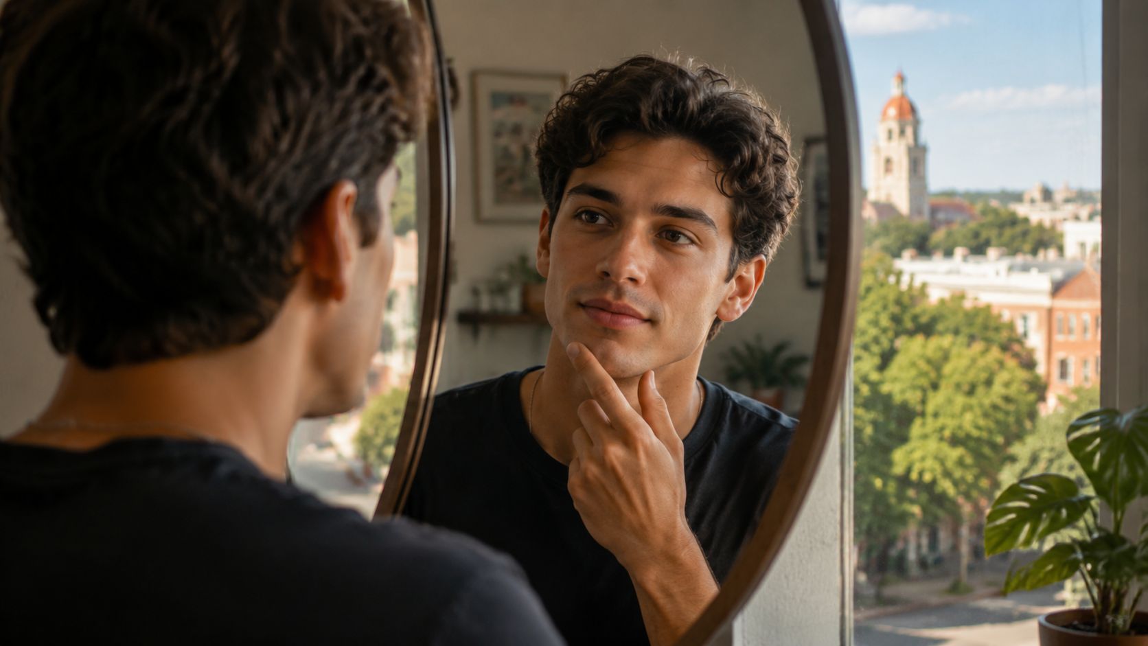 A young man with curly hair looking at his reflection in a mirror and touching his chin.