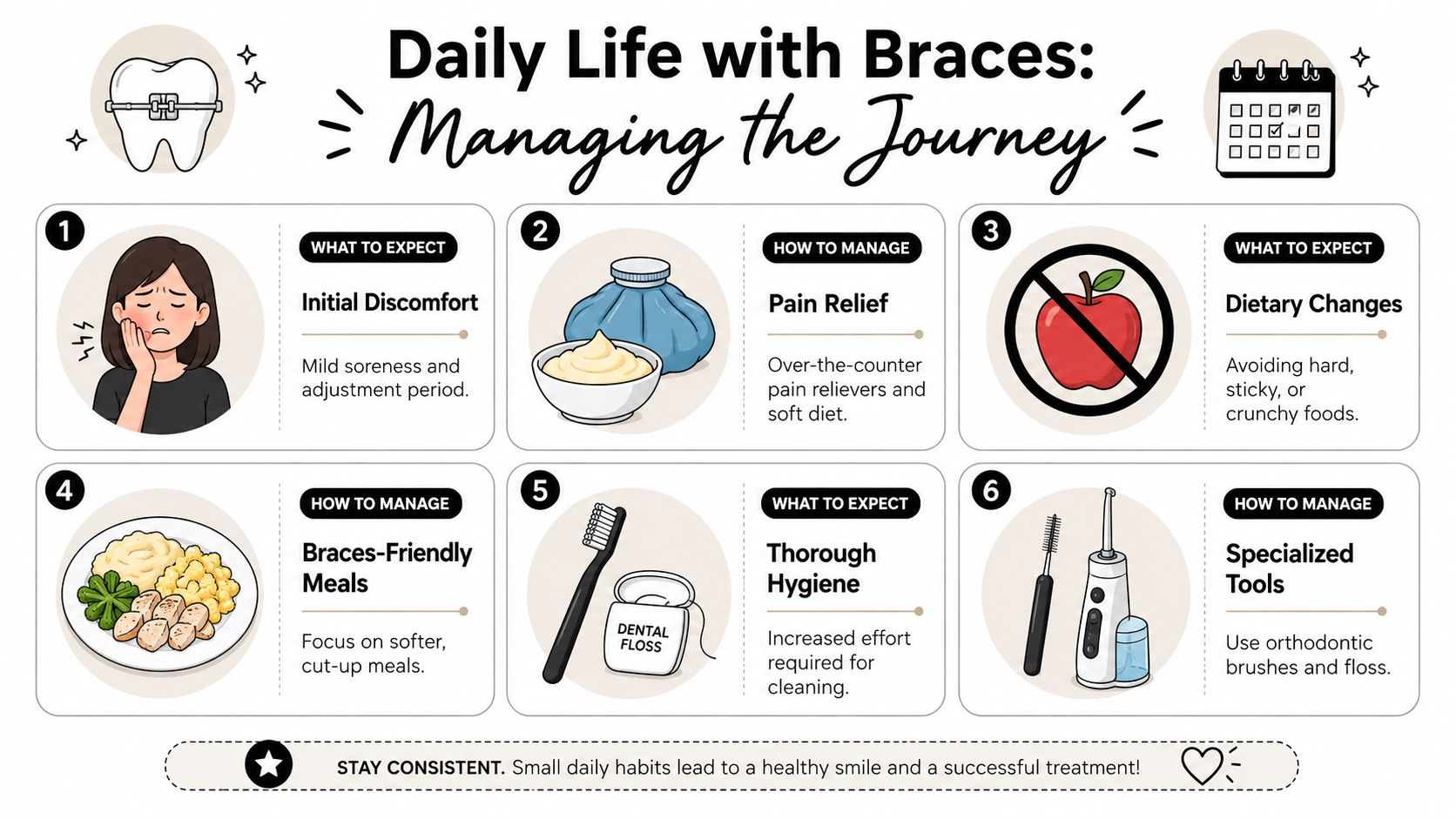 An infographic titled Daily Life with Braces illustrating six tips for managing orthodontic treatment and oral care.