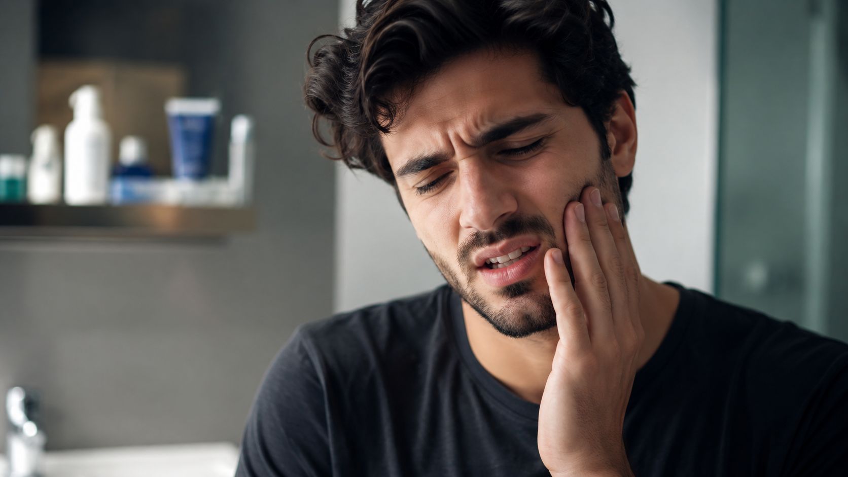 A man grimacing in pain while holding his cheek, suggesting a severe toothache or dental issue.