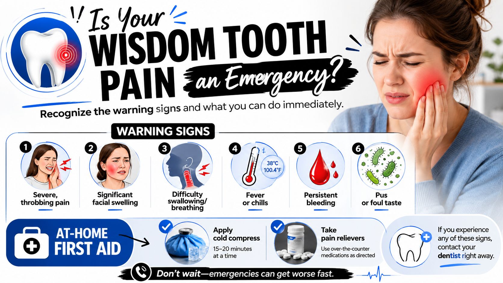 An infographic showing warning signs for wisdom tooth pain and immediate at-home first aid tips.