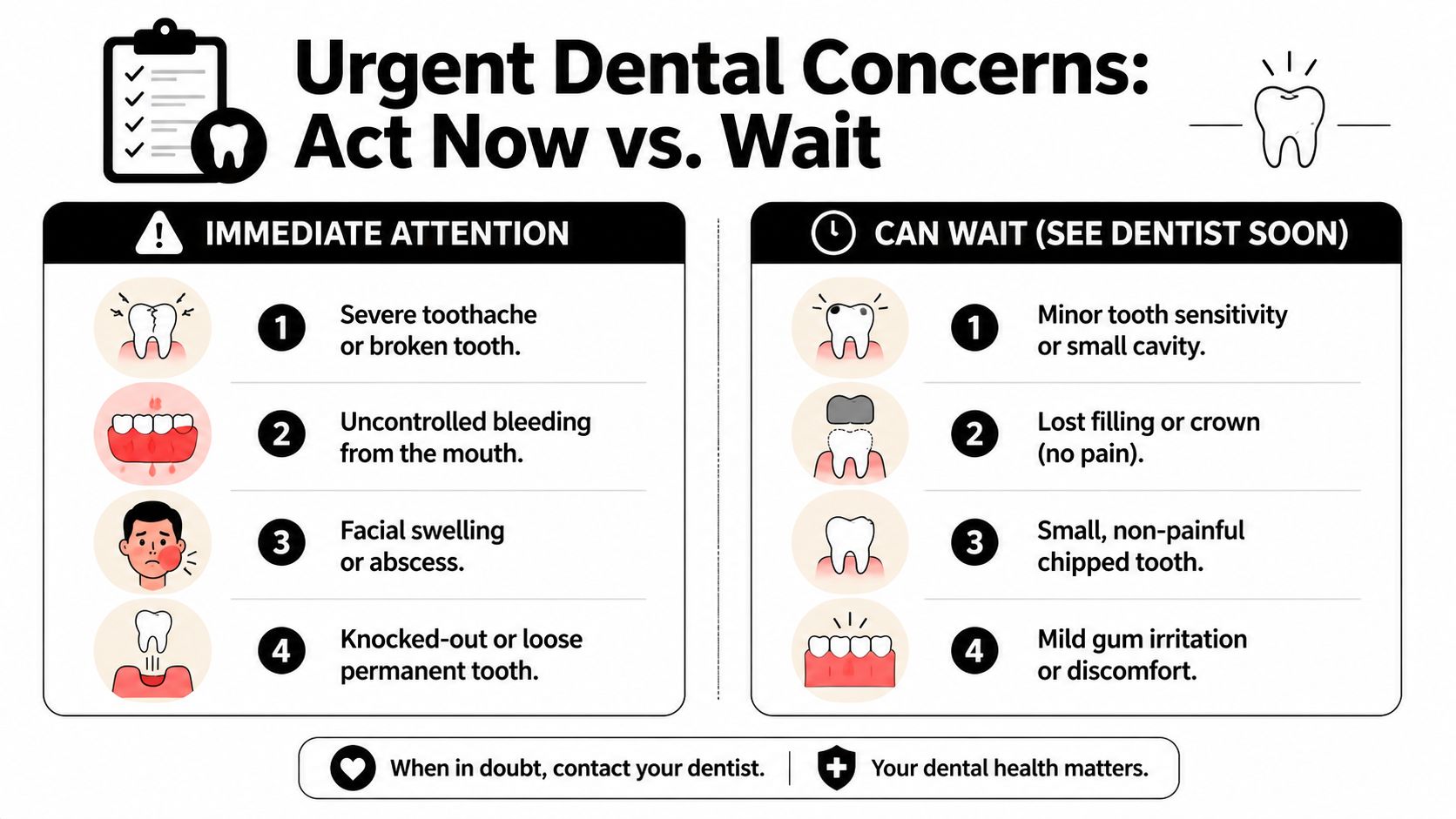 An infographic titled Urgent Dental Concerns outlining conditions requiring immediate attention versus those that can wait.