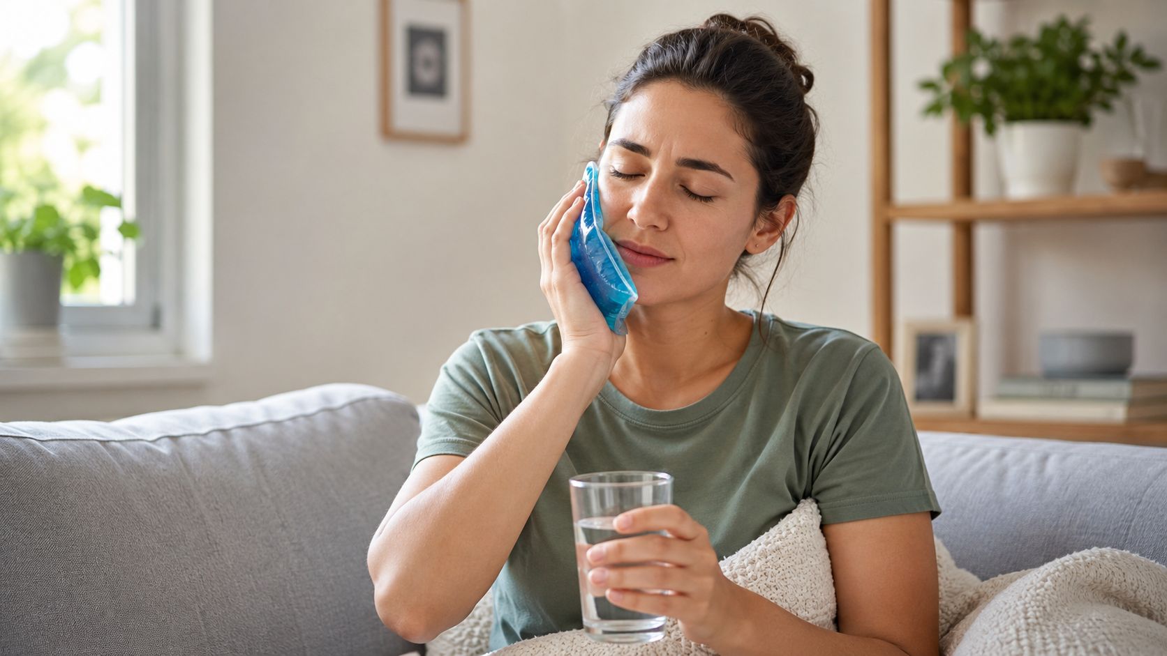A woman holding a cold gel ice pack against her cheek to relieve toothache pain at home.
