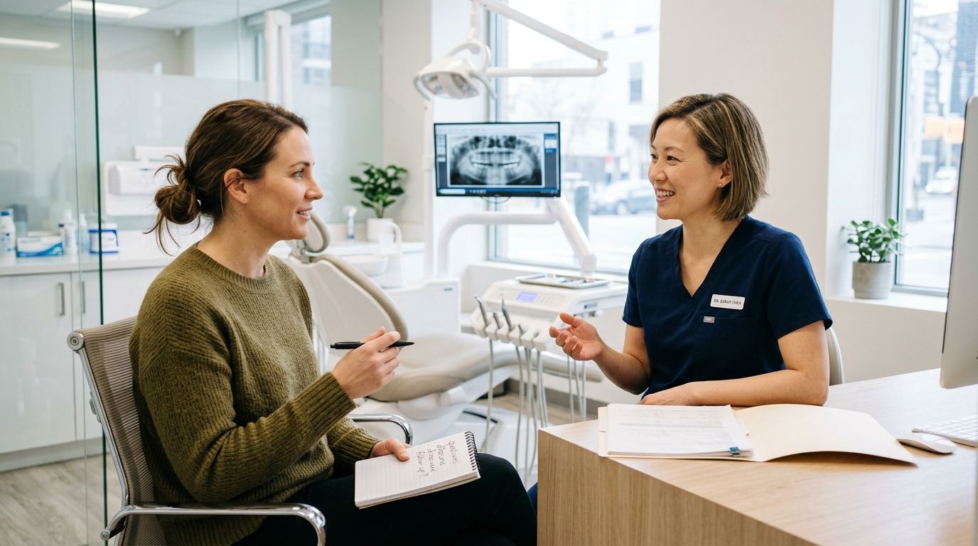 A female dentist consulting with a patient in a modern, professional dental clinic office.