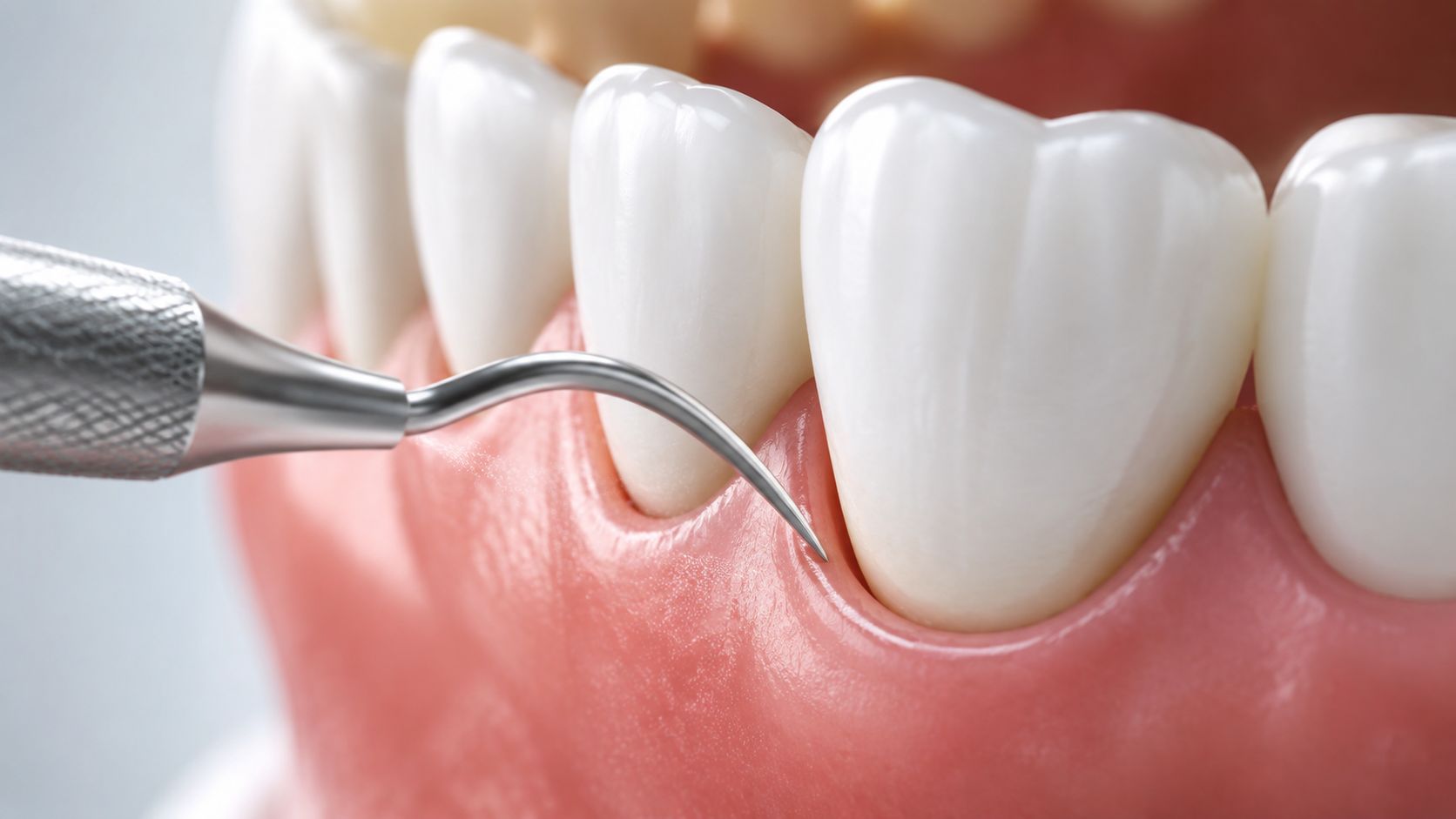 A close-up view of a professional dental instrument performing a deep cleaning on a patient's gums.